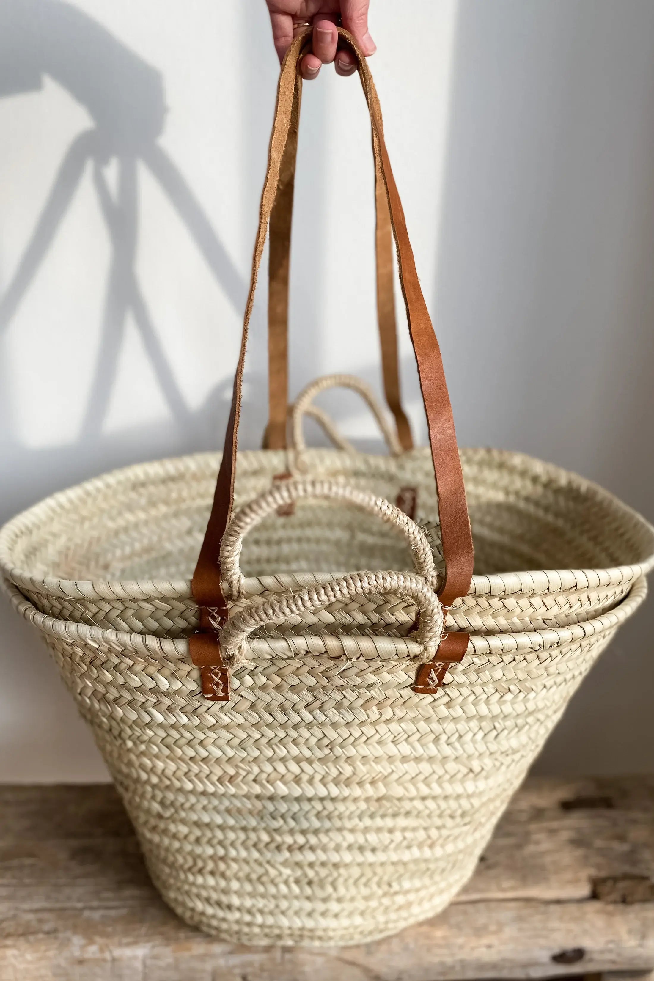 French market basket with double leather straps