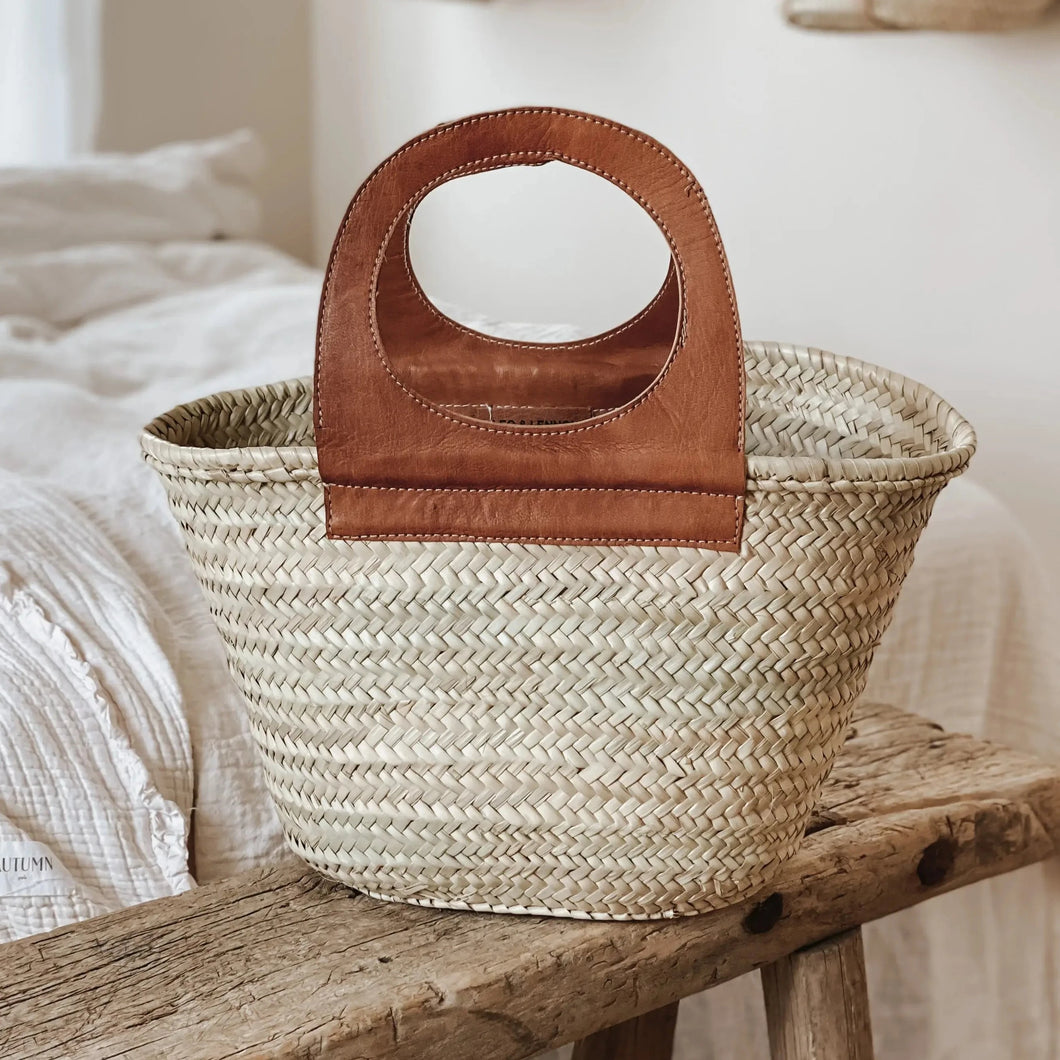 French Market Basket, Straw Bag with leather - Camel Brown